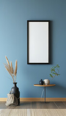 Elegant black japanese frame empty white canvas hanging on the wall, minimal mockup frame on blue clean wall, modern japanese interior, wall art presentation template, Picture frame