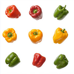 A set of vibrant red, yellow, and green bell peppers tossed in mid-air, isolated on a pure white background