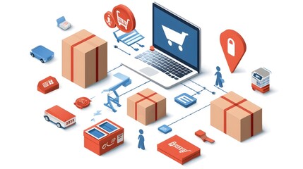 Obraz premium Comprehensive Infographic Depicting the E Commerce Business Model with Supply Chain Digital Marketing Payment Security and Global Logistics Processes