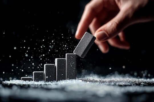 Digital dominoes made of business data falling, with one being stopped by a hand, risk management and strategy concept, tech setting