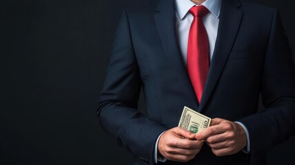 Business executive accepting a secret bribe in a dark office, corporate corruption and illegal activity theme