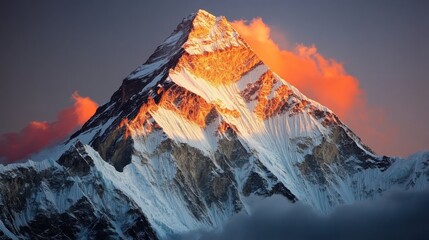 Majestic Mountain Peak Bathed in Sunset Glow with Dramatic Clouds