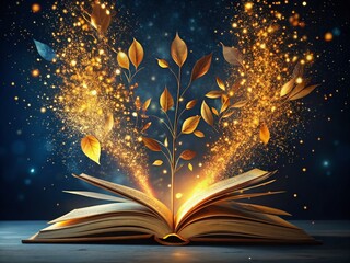 Open Book, Golden Leaves, Sparks: Knowledge & Creativity - Dark Blue Background Stock Photo