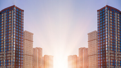 Fototapeta premium Modern buildings, walls and windows, reflections and sun rays. City view on a sunny day. 