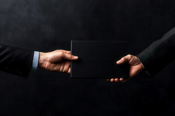 Business professional handing over a confidential folder in a shady deal, representing corporate corruption and fraud