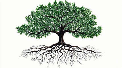 Lush Green Tree with Detailed Roots Illustration on White Background
