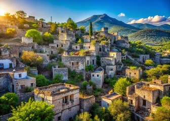 Obraz premium Panoramic View of Kayakoy Ghost Town, Turkey: Abandoned Stone Houses and Ruins