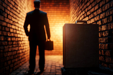 Businessman in a dark alley exchanging a briefcase of money, symbolizing corruption and illegal corporate deals