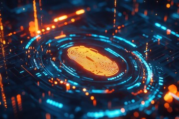 A glowing fingerprint surrounded by vibrant digital circuitry, symbolizing advanced technology and biometric security.