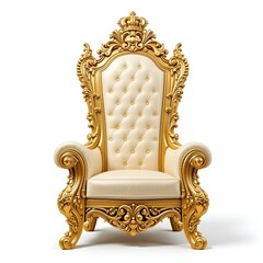 Ornate gold-gilded throne chair, cream-colored leather seat and backrest, detailed baroque style carvings,  gold crown atop the chair,  front-facing perspective,  high-key lighting,  studio shot,  