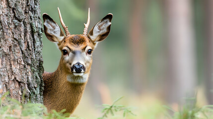 Young deer hiding behind tree in forest, wildlife photography for nature publications