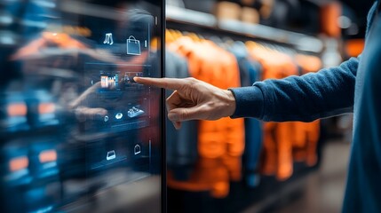 Creative concept of a transparent touchscreen display showcasing various products