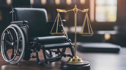 A wheelchair beside a gavel, symbolizing justice and accessibility in legal contexts.