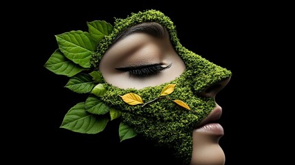 Nature's Embrace: The visage of a serene individual merges seamlessly with the verdant textures of nature, forming a harmonious embodiment of the environment.