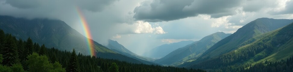 Full rainbow descends through dark clouds onto emerald western Washington mountains , green, hills, mountains