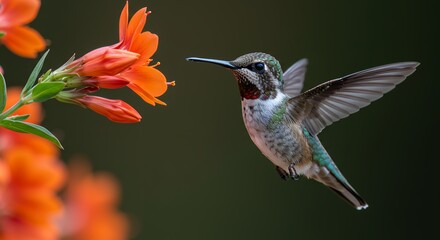 Fototapeta premium Hummingbird and Flowers: A Moment of Grace