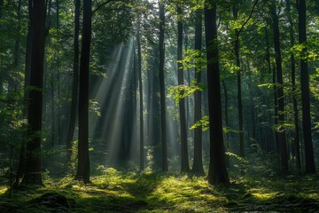 Fototapeta premium majestic forest with towering trees creating a natural cathedral, sunbeams filtering through the foliage, casting dappled light on the forest floor, evoking a sense of wonder and serenity