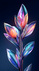 Iridescent Glass Flower Blooms Vibrantly, Reflecting Light and Color in a Dark Background. Digital Art, Abstract Floral Design, Nature-Inspired