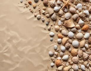 High angle view of sand closeup with seashells, ocean floor, blue water