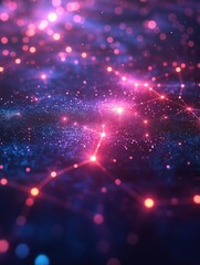 Fototapeta premium Glowing interconnected nodes and particles in a futuristic digital space, representing a high-tech network or data visualization