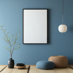 Elegant black japanese frame empty white canvas hanging on the wall, minimal mockup frame on blue clean wall, modern japanese interior, wall art presentation template, Picture frame