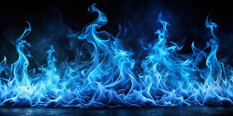 Panoramic Blue Flames: Dramatic Fire Wisps & Tendrils in Smoky Darkness