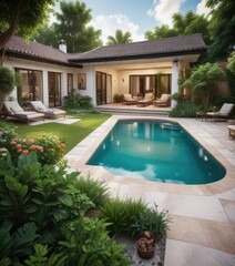 House with a pool and a private patio overlooking a beautiful garden, outdoor space, serene atmosphere