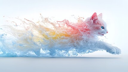 Curious feline engaged in a whimsical and imaginative experiment mixing a rainbow of liquids in a laboratory setting and embodying both scientific curiosity and creative expression