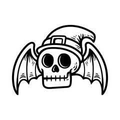 fun skull wear wizard hat with bat wings mascot isolated drawing line style sketch classic vintage design illustration