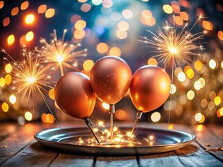 Obraz premium Peach Balloons & Sparklers: Vibrant New Year's Panoramic Background