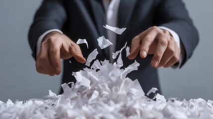 Employee caught shredding important documents to cover up illegal corporate activity, corruption and fraud theme