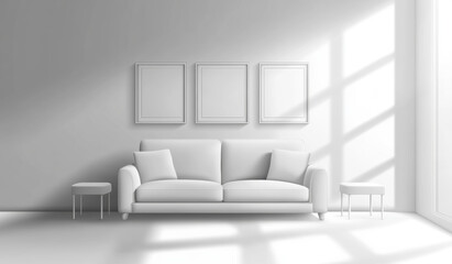An interior scene in minimalist style. There is a white sofa in the picture, with multiple soft cushions and a light blanket placed on the sofa.