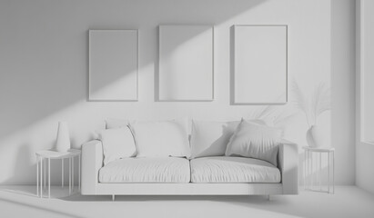 An interior scene in minimalist style. There is a white sofa in the picture, with multiple soft cushions and a light blanket placed on the sofa.
