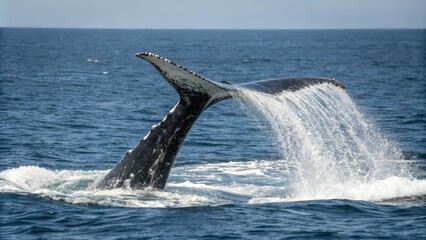 Fototapeta premium Humpback whale tail fluke peduncle throw, sea creature action, ocean creature