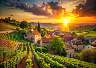 Naklejka premium Picturesque French Village Vineyard Sunset, Rolling Hills, Wine Country Landscape
