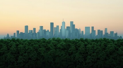 Obraz premium Futuristic city integrated with green technology and forest canopies, urban ecology concept
