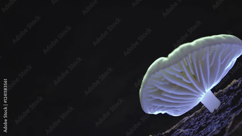 Poster unique bioluminescent mushroom glowing in darkness captured in a forest setting during nighttime