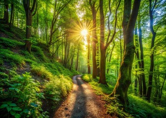 Obraz premium Panoramic Hiking Trail Through Lush Green Forest - Peaceful Nature Escape