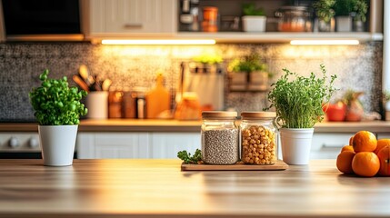 Fresh Ingredients and Plants on Kitchen Counter with Modern Decor
