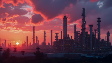 Fototapeta premium Majestic Sunset Over Industrial Skyline with Silhouetted Structures and Vibrant Clouds in Orange and Purple Hues
