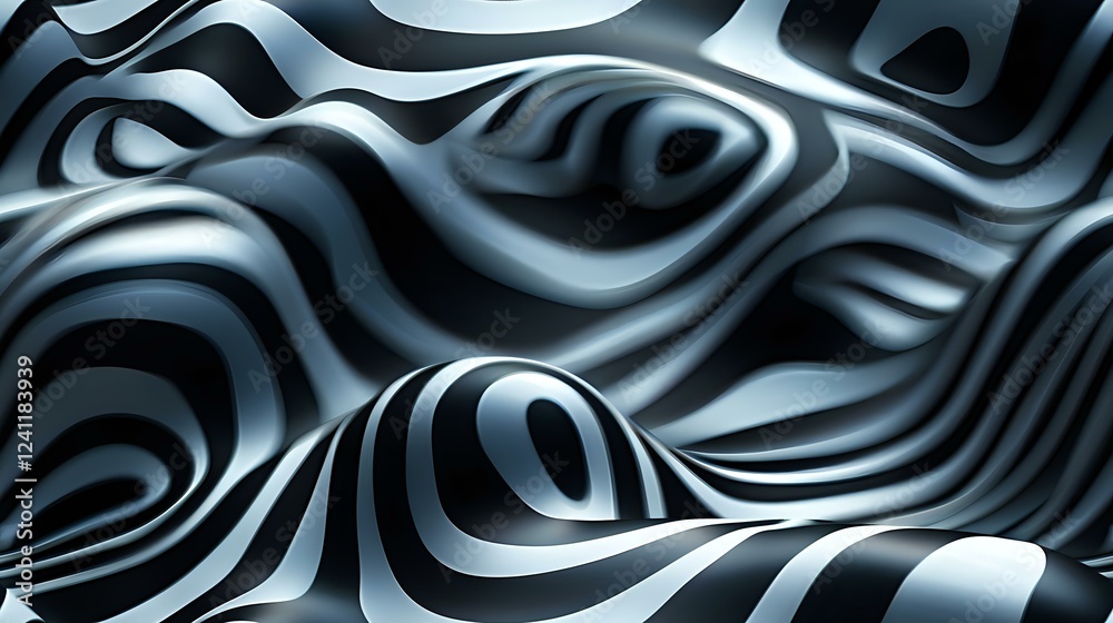 Poster Monochromatic abstract waves and curves creating dynamic flowing pattern with light and shadow effects in metallic silver and black tones for modern design background.