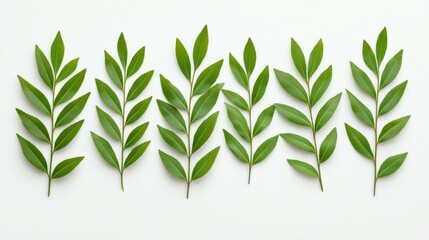 Fototapeta premium Fresh green leaves arranged in a line on a white background, highlighting nature s beauty and simplicity, perfect for wellness, herbal concepts, and eco friendly themes