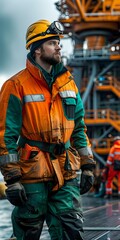 Obraz premium Caucasian male industrial worker in orange safety uniform and yellow hard hat with headlamp looking away at construction site. Professional portrait for safety industry.