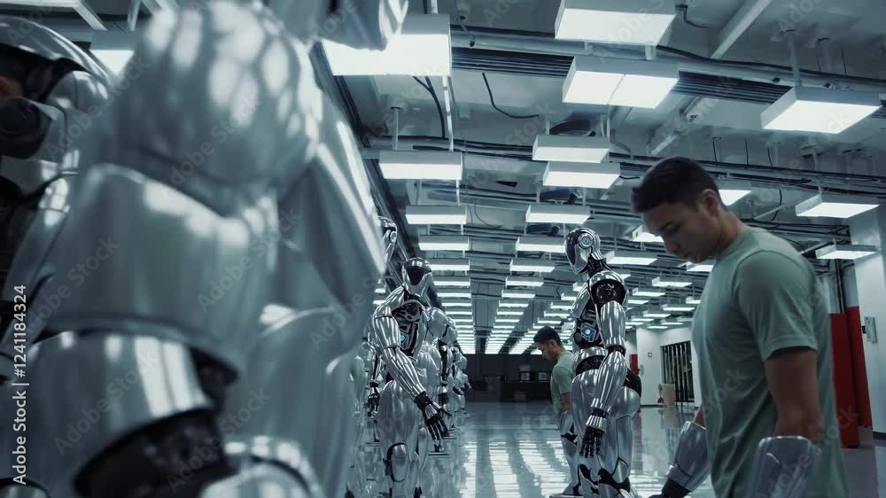 Poster exploring advanced robotics and artificial intelligence in a high-tech laboratory setting