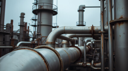 Industrial Pipeline System with Rusty Metal Pipes and Support Structures under Cloudy Sky in Urban Environment