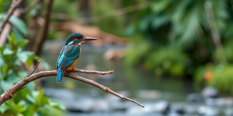 Kingfisher on a branch with blurred background of forest stream, blurred, tree, foreststream