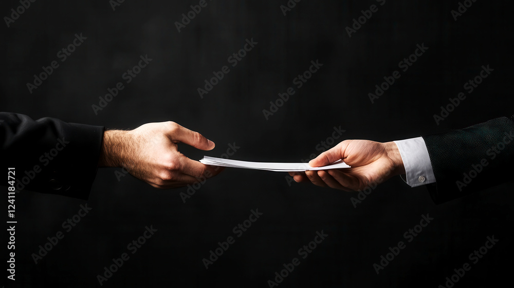 Wall mural Nervous employee handing over sensitive documents to a colleague, symbolizing corporate espionage and unethical behavior