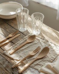 eco-friendly bamboo utensils laid out on a rustic wooden table with soft natural light filtering in, perfect for a sustainable lifestyle theme