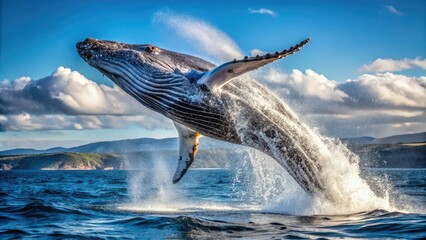 Obraz premium Large whale breaching the surface of the water, whales, ocean animals, marine mammals, marine wildlife