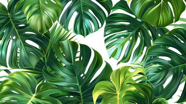 Vibrant monstera deliciosa leaves create lush tropical pattern on white background. Seamless botanical design for fabric, wallpaper and summer decor projects.
